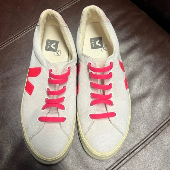 Veja Esplar SE Low Canvas Sneakers White Pink Size 7 Slip-On w/ Stretch Laces - Picture 2 of 7